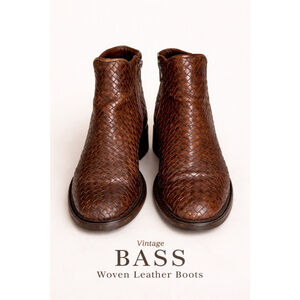 Vintage Bass Woven Leather Ankle Boots Brown Block Heel Size 7.5